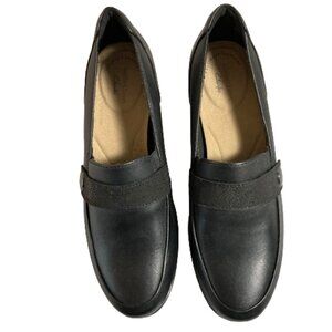 NWOT Clarks Women's Black Leather Emily Andria 2" Block Heel Loafer Shoes sz 8.5